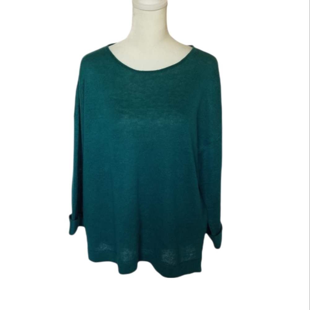 Eileen Fisher teal linen boxy cuffed sleeve sweater